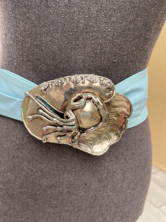 Brutalist Silver Huge Vintage Buckle Powder Blue Wide 