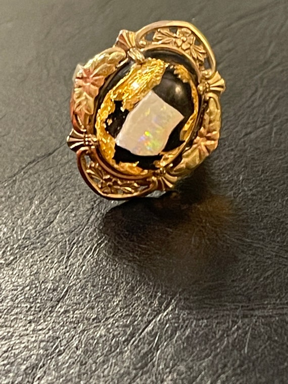 12K Gold Opal Vintage Ring Sterling Band Gold Lea… - image 2