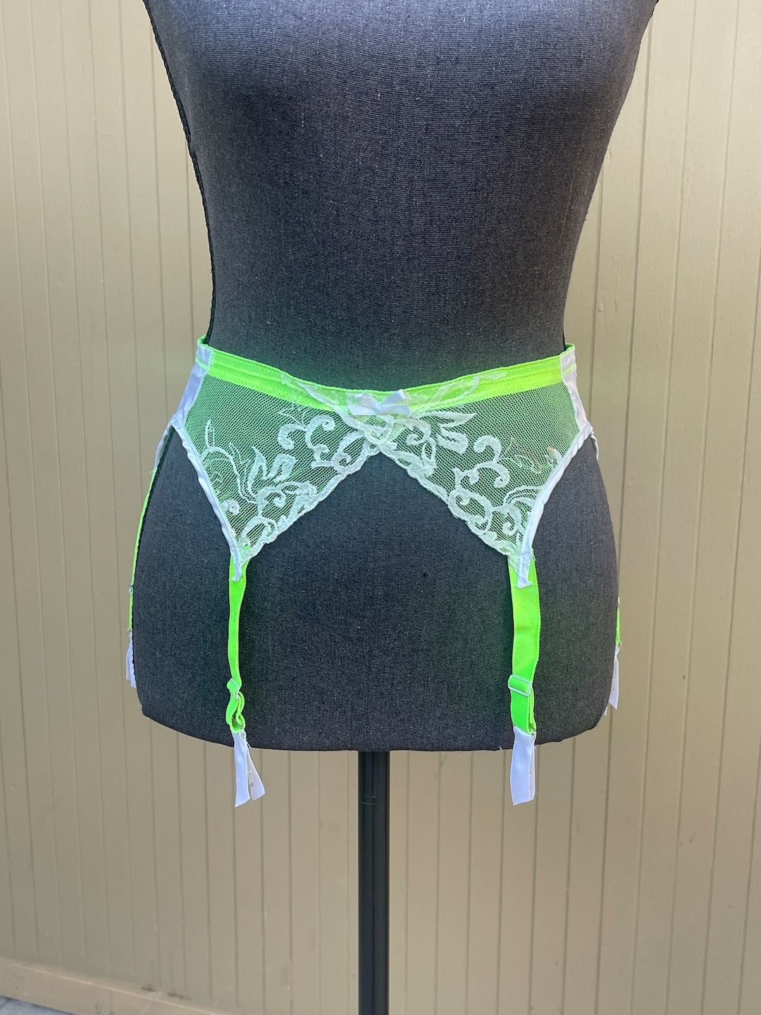 Neon Green Garter Belt Sheer Lace Suspender Belt Vintage Etsy
