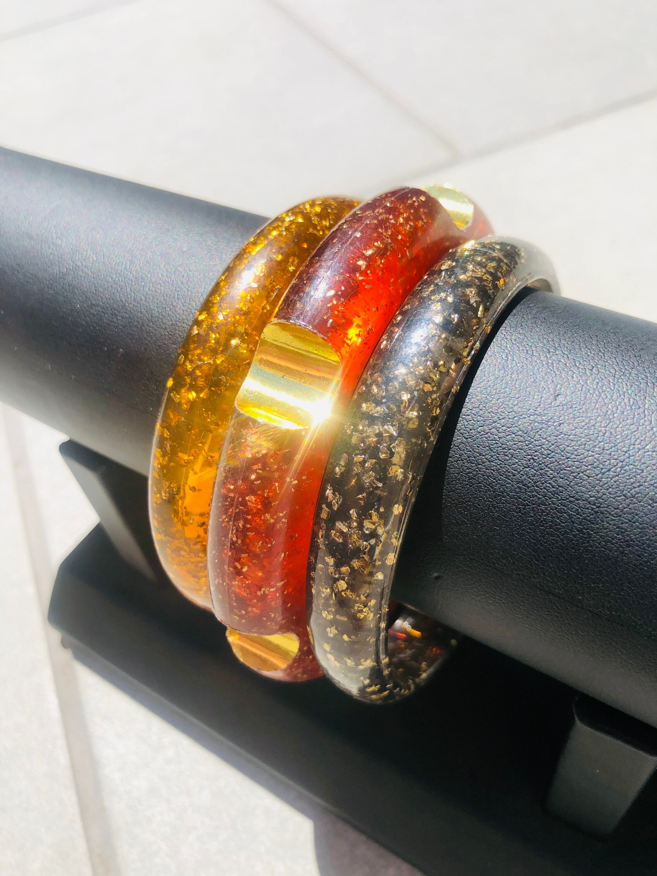 Lucite Bangle Trio Confetti Translucent Vintage Stacking Bracelets 