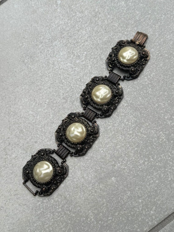 Wide Panel Bracelet Baroque Pearl Cabochons Ornate