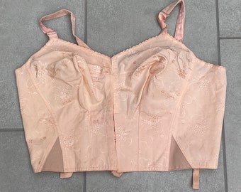 50s Felina Peach Brocade Corselette Long Line Bullet Bra Corset Top L/XL