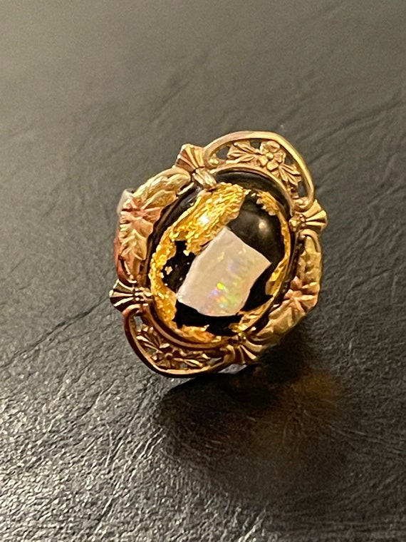 12K Gold Opal Vintage Ring Sterling Band Gold Lea… - image 1