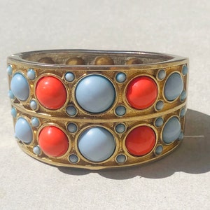 Silver Hinged Clamper Bracelet Coral Turquoise Cabochon Stones