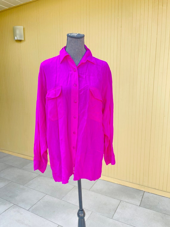 Silk Fuchsia Oversized Button Up Vintage Blouse - image 1