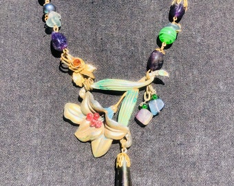 Assemblage Enameled Flower Choker Glass Bead Vintage Necklace
