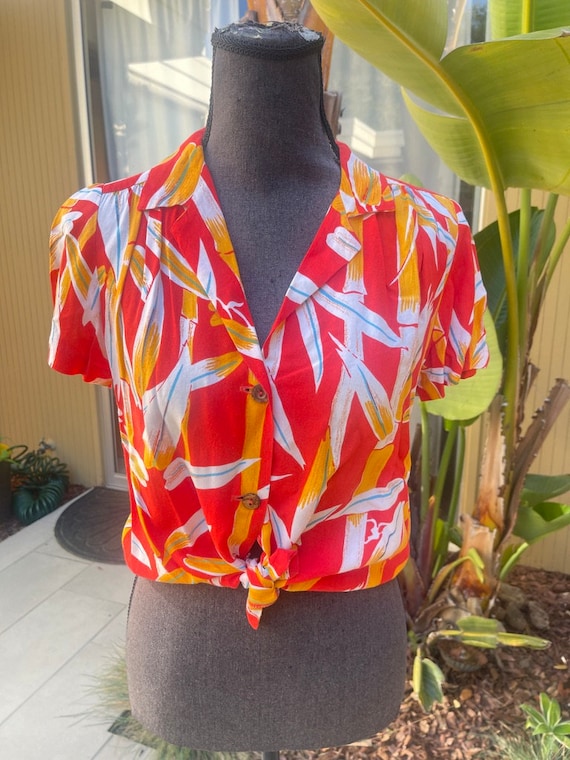 70s Hawaiian Bamboo Tie Front Rayon Shirt Sunshine