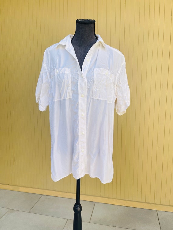 Silk Oversized Button Up Vintage Blouse White Med… - image 3