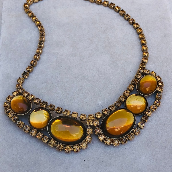 Amber Glass Cabochon Rhinestone Necklace Vintage Choker