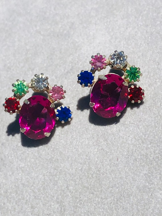 Jewel tone rhinestone vintage earrings - image 2