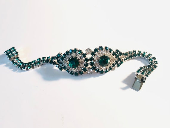 Art Deco Emerald Green Vintage Rhinestone Bracelet - image 3