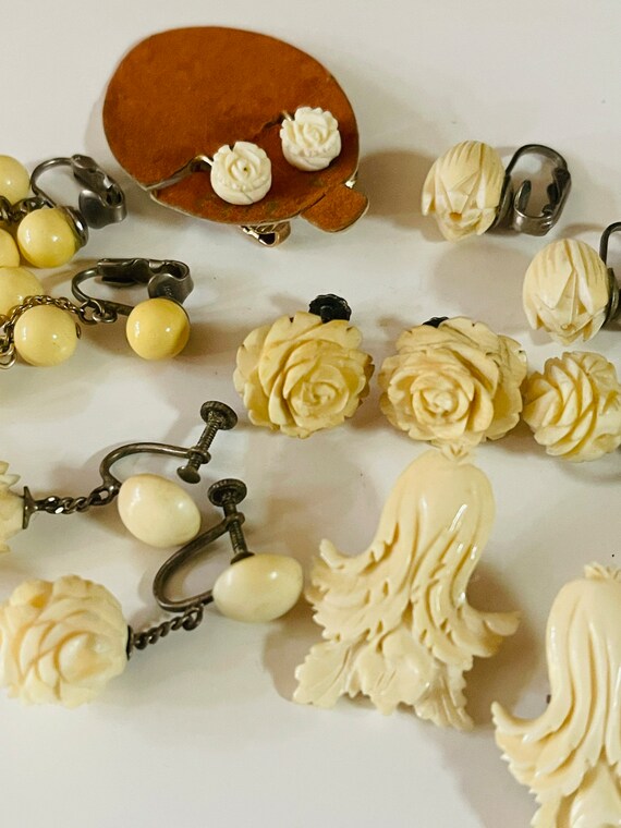 Vintage Carved Cream Flower Earring Lot of 8 Pair - image 3