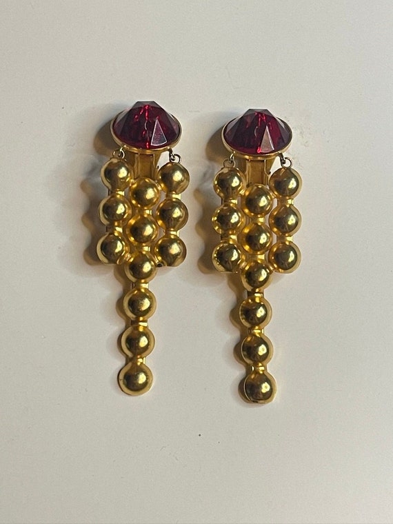 Red Glass Gold Drop Vintage Earrings