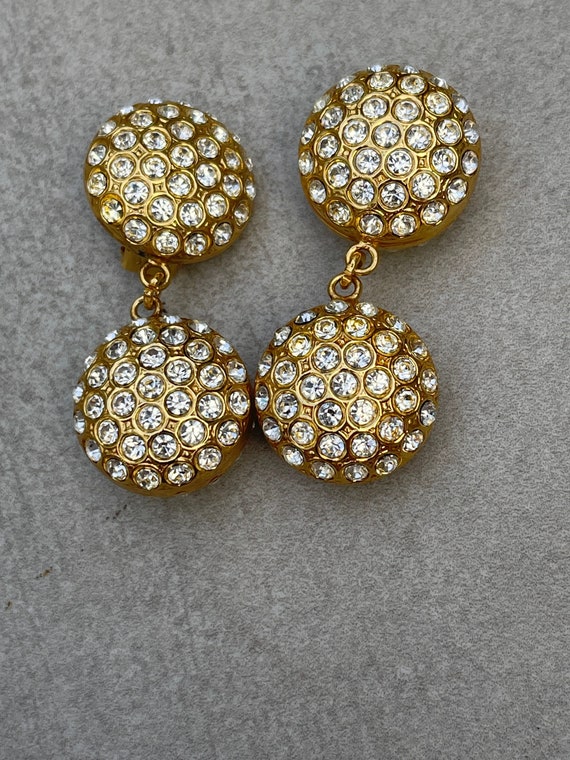 Italy signed Gold rhinestone dangle drop vintage clip on earrings