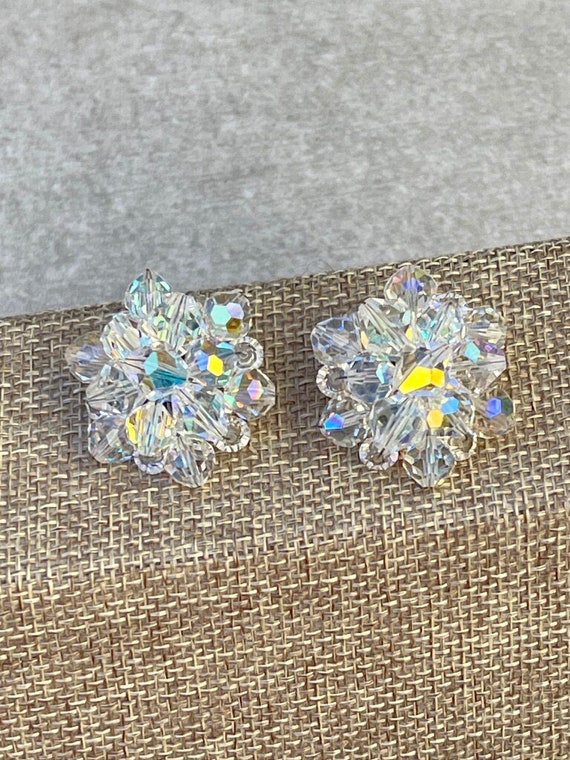 AB Crystal Flower Cluster Vintage Clip On Earrings - image 1