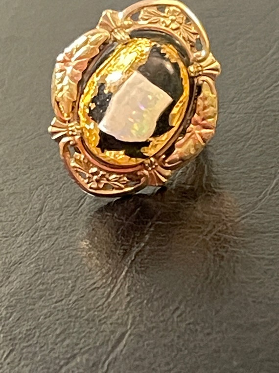 12K Gold Opal Vintage Ring Sterling Band Gold Lea… - image 3