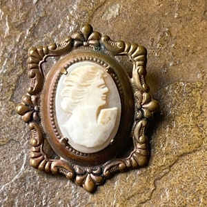 Carved Cameo Brooch Vintage Shell Portrait Silhouette Pin