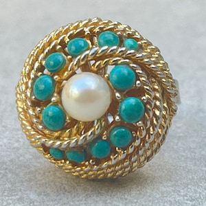 Pearl/Turquoise Gold Vintage Adjustable Statement Ring