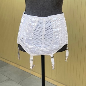 50s Open Bottom Girdle Skirt Metal Garters White Knit Mesh Vintage Lingerie L/XL