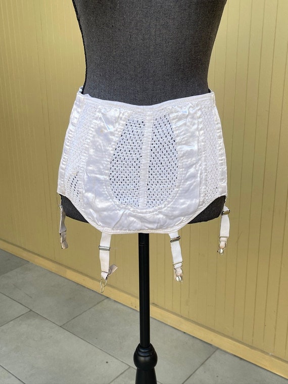 50s Open Bottom Girdle Skirt Metal Garters White Knit Mesh Vintage Lingerie  L/XL 