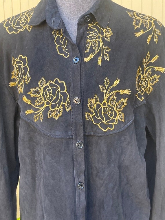 Suede Western Shirt Gold Embroidered Roses Medium - image 2