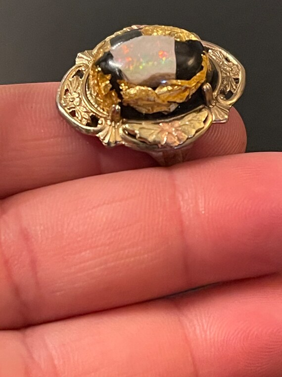 12K Gold Opal Vintage Ring Sterling Band Gold Lea… - image 8