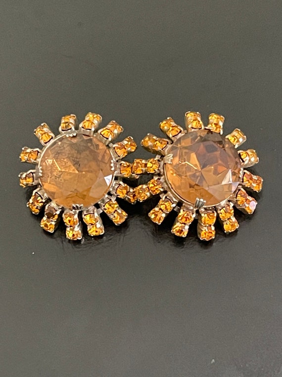 Vintage Large Orange Sunburst Rhinestone Earrings - image 3
