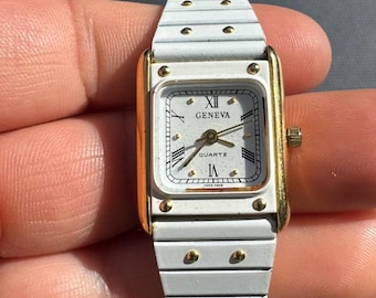 Geneva White Enamel Women's Wristwatch Vintage Quartz Tank Watch