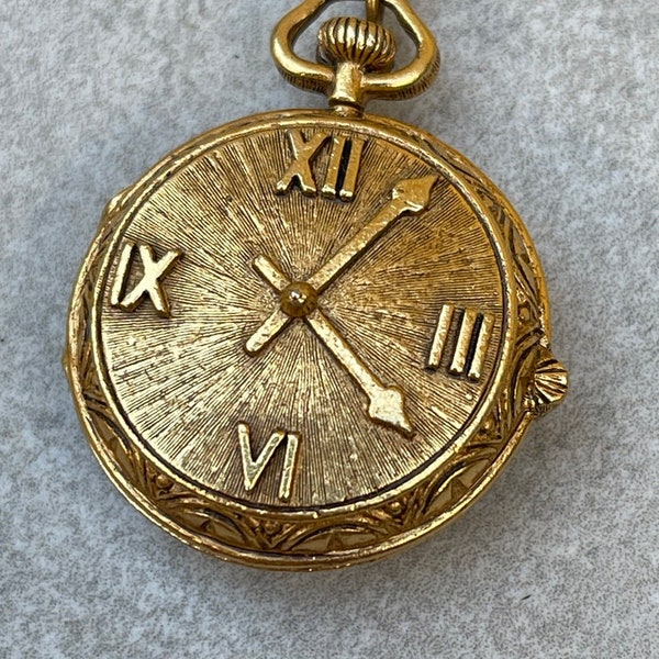 Florenza Clock Locket Keychain Gold Pill Box Vintage Key Ring Pendant