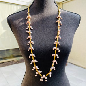 60s Gold Cylinder Pink Glass Ball Beaded Link Vintage Necklace Convertible Belt image 5