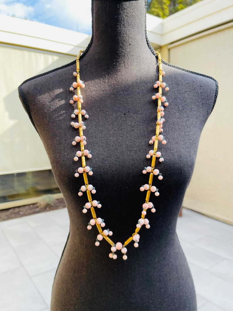 60s Gold Cylinder Pink Glass Ball Beaded Link Vintage Necklace Convertible Belt image 5