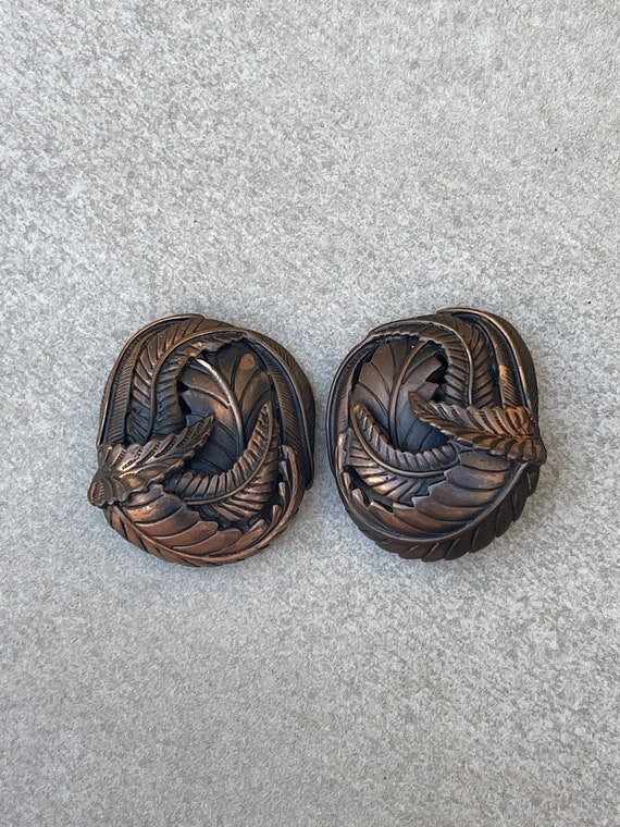 Massive Copper Layered Leaf Clip On Vintage Earrings Gem