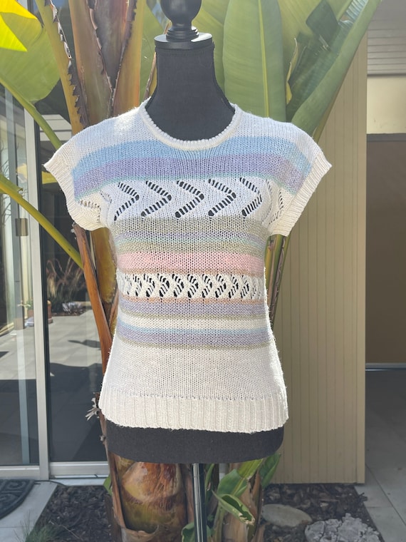 Pastel Knit Vintage 80s Sweater Short Sleeve Top … - image 1