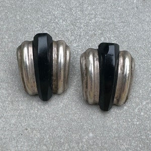 Sterling Taxco Black Onyx Vintage Clip On Earrings Silver 925 Mex TF-62