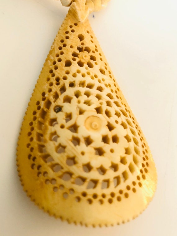 Carved Mandala Teardrop Pendant Vintage Wood Bead… - image 4