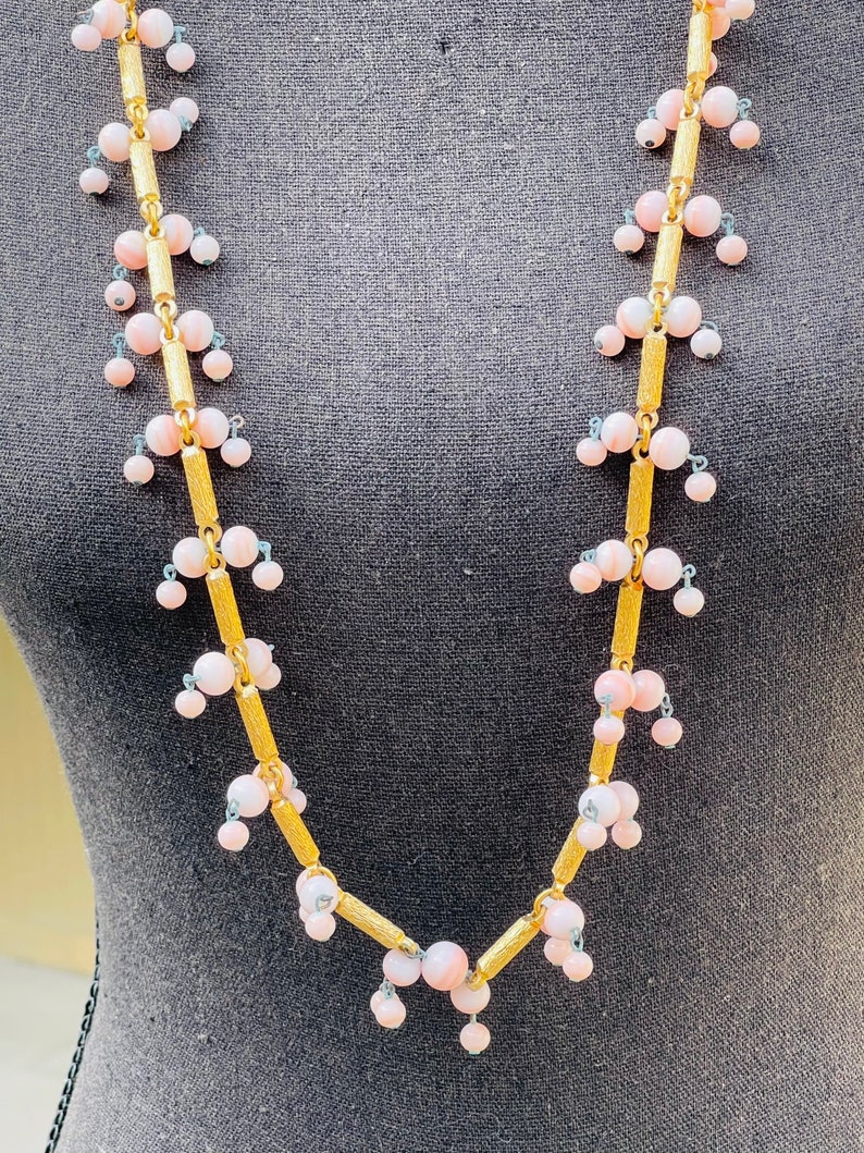 60s Gold Cylinder Pink Glass Ball Beaded Link Vintage Necklace Convertible Belt image 3