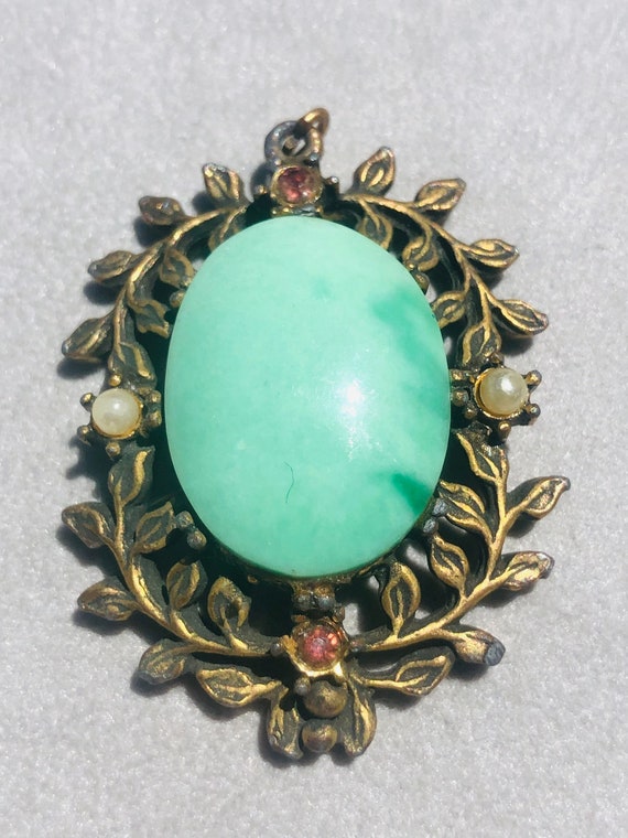 Green Glass Cabochon Pendant Vintage Bronze Neckla