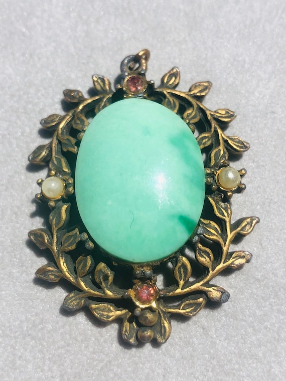 Collier Ethnique Vintage Années 70 - Pendentif Cabochon Verre Vert - Métal Argenté - Style Plastron