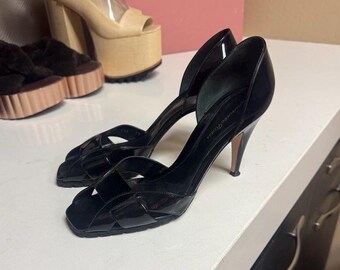 Gianvito Rossi Black Patent Leather Square Peep Toe Heeled Sandals Size 40 US 9