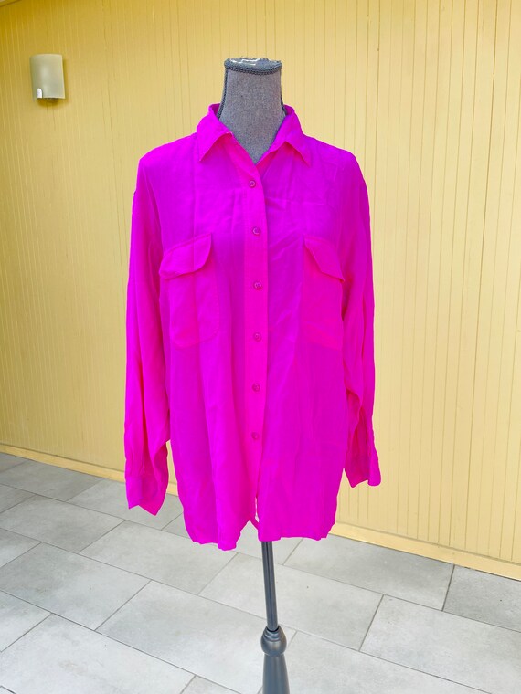 Silk Fuchsia Oversized Button Up Vintage Blouse - image 4