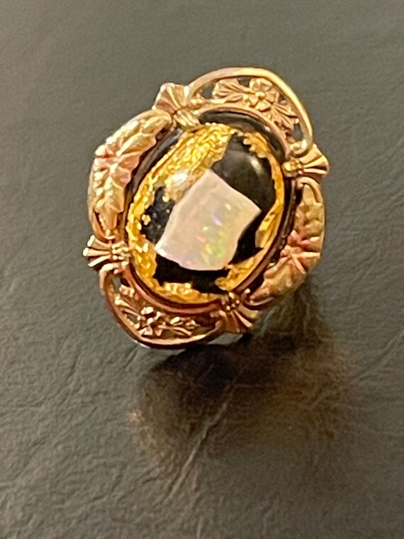 12K Gold Opal Vintage Ring Sterling Band Gold Lea… - image 4