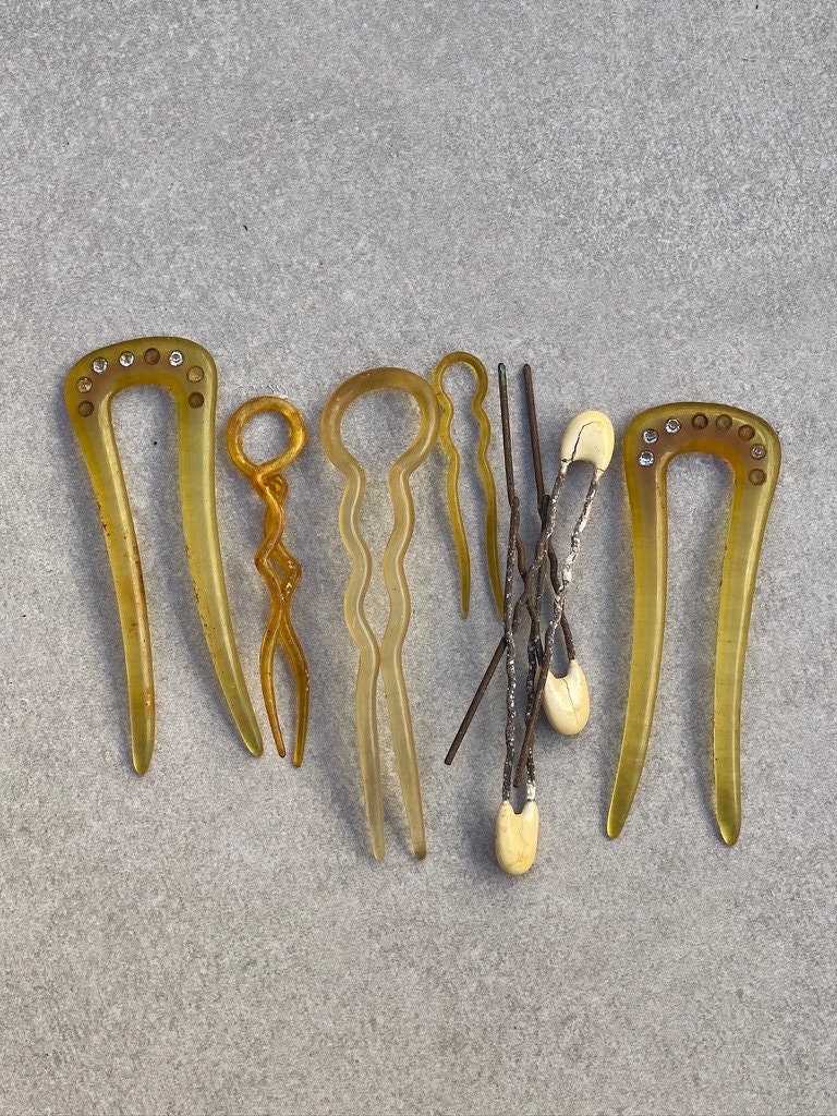 Antique Celluloid Rhinestone Hair Comb Vintage Hair Pins LOT  display picture 2