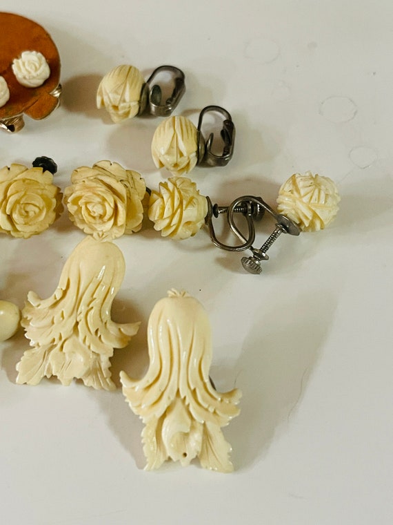 Vintage Carved Cream Flower Earring Lot of 8 Pair - image 2