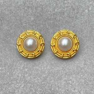 MISH Gold Earrings Large Pearl Vintage Clip Ons