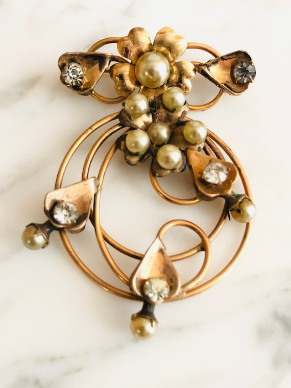 12k Pearl/Rhinestone Brooch Gold Filled Open Work… - image 1