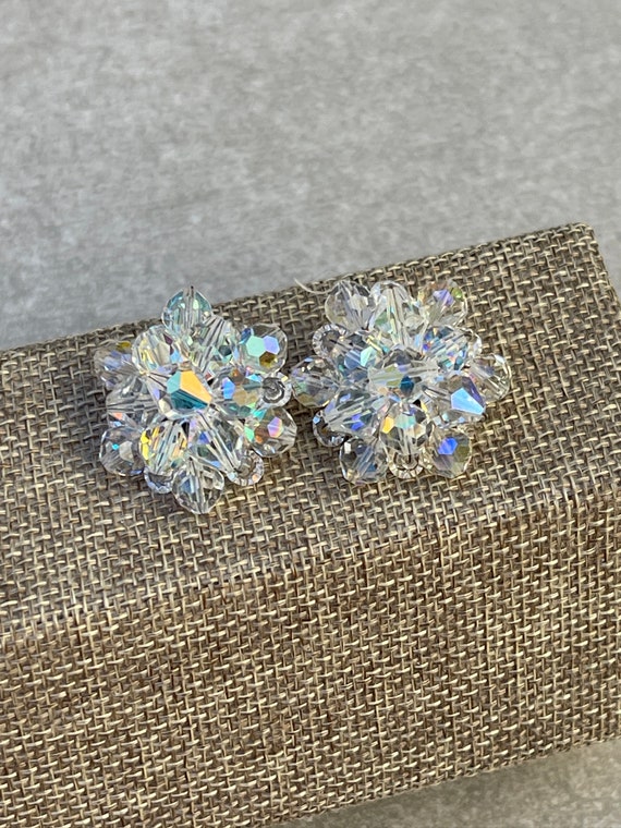 AB Crystal Flower Cluster Vintage Clip On Earrings - image 2