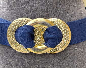 Navy Infinity Stretch Belt 1980s Elastic Gold Double Circle  display picture 1