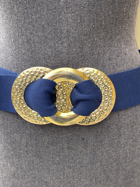 Wide Stretch Blue Elastic Vintage Belt Gold Circle