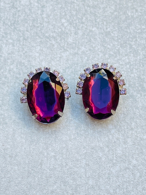 Purple Pink Glass Rhinestone Earrings Vintage Oval