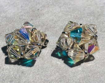 AB crystal flower cluster vintage clip on earrings